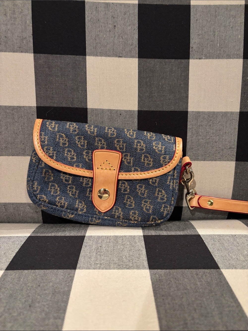 Vintage Dooney and Bourke Denim Monogram Wristlet - Blue with Tan Trim